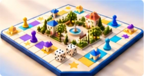 Ilustracja projektu WigoPoly: przestrzenna plansza z miasteczkiem, pionkami i kostkami