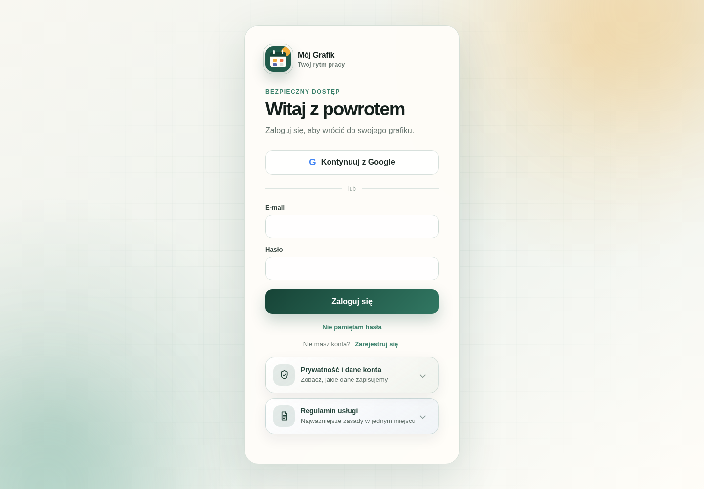 Publiczny ekran logowania aplikacji Mój Grafik