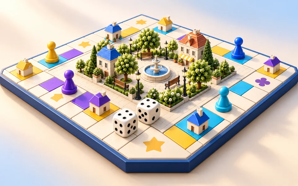 Ilustracja projektu WigoPoly: przestrzenna plansza z miasteczkiem, pionkami i kostkami