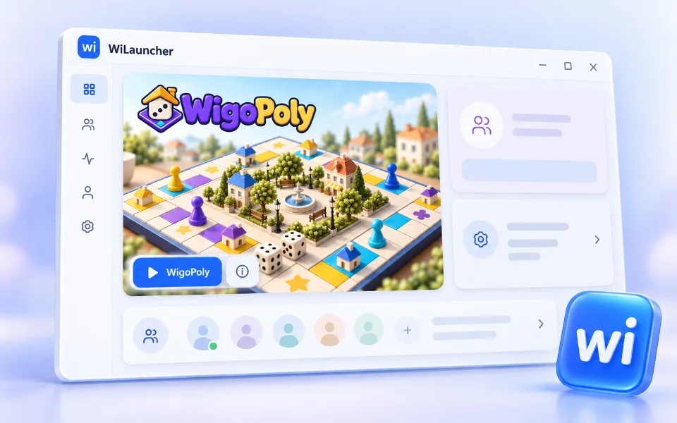 Ilustracja projektu WiLauncher: biało-niebieska biblioteka gier z logo wi